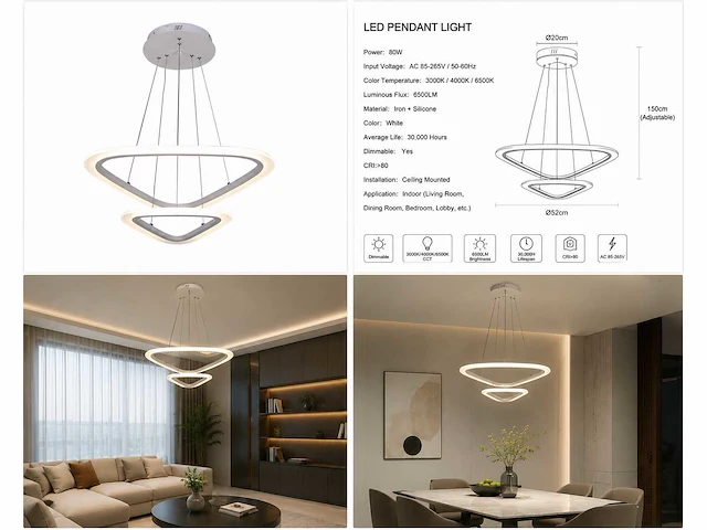 Led kroonluchter – 3 kleuren – dimbaar – p7068/2s - afbeelding 4 van  4
