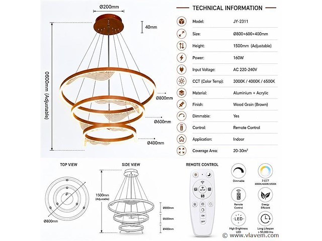Led kroonluchter – 3 kleuren – dimbaar – p7081/3 - afbeelding 3 van  4