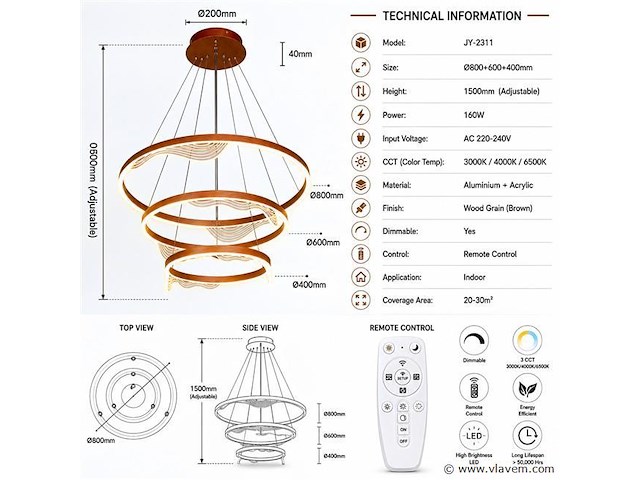 Led kroonluchter – 3 kleuren – dimbaar – p7081/3 - afbeelding 3 van  4