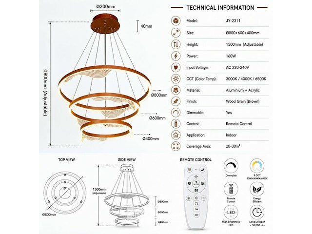Led kroonluchter – 3 kleuren – dimbaar – p7081/3 - afbeelding 4 van  5