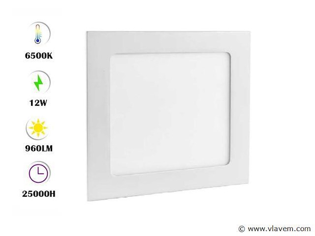 Led-paneel – inbouw vierkant – 12w – 6500k – koud wit (x40) - afbeelding 1 van  4