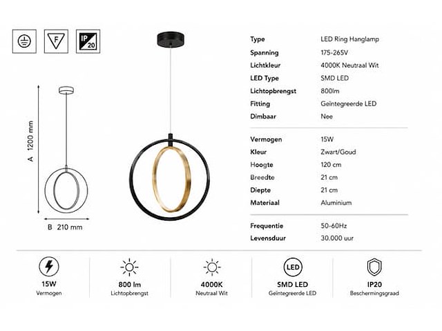 Led ring hanglamp 15w – 4000k neutraal wit - zwart/goud – ip20 – daxton-15 - afbeelding 2 van  5