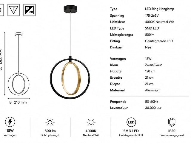 Led ring hanglamp 15w – 4000k neutraal wit - zwart/goud – ip20 – daxton-15 - afbeelding 3 van  5