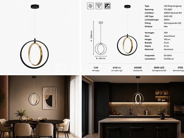 Led ring hanglamp 15w – 4000k neutraal wit - zwart/goud – ip20 – daxton-15 - afbeelding 4 van  5