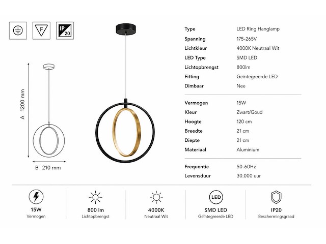 Led ring hanglamp 15w – 4000k neutraal wit - zwart/goud – ip20 – daxton-15 - afbeelding 4 van  5