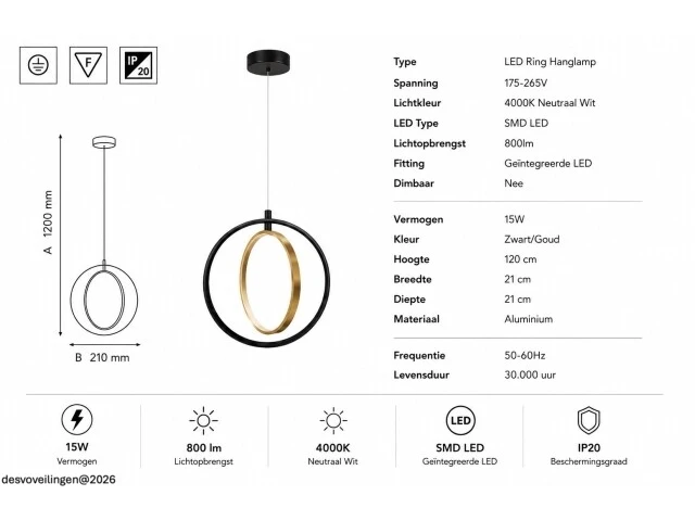 Led ring hanglamp 15w – 4000k neutraal wit - zwart/goud – ip20 – daxton-15 - afbeelding 5 van  6