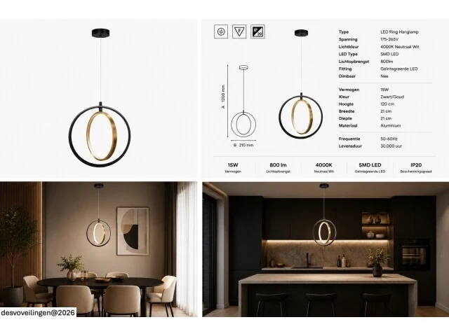 Led ring hanglamp 15w – 4000k neutraal wit - zwart/goud – ip20 – daxton-15 - afbeelding 6 van  6