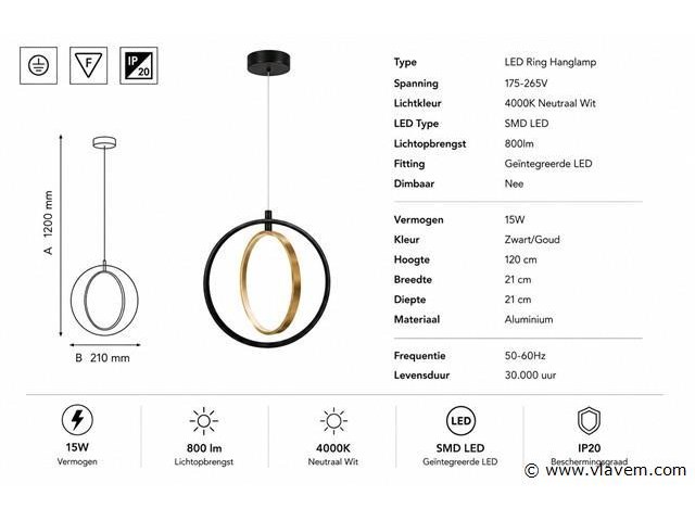 Led ring hanglamp 15w – 4000k neutraal wit - zwart/goud – ip20 – daxton-15 - afbeelding 4 van  5