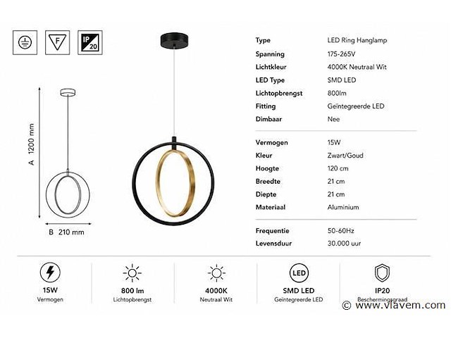 Led ring hanglamp 15w – 4000k neutraal wit - zwart/goud – ip20 – daxton-15 - afbeelding 4 van  5