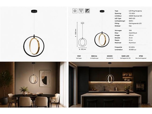 Led ring hanglamp 15w – 4000k neutraal wit - zwart/goud – ip20 – daxton-15 - afbeelding 5 van  5