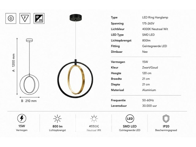 Led ring hanglamp 15w – 4000k neutraal wit - zwart/goud – ip20 – daxton-15 - afbeelding 5 van  6