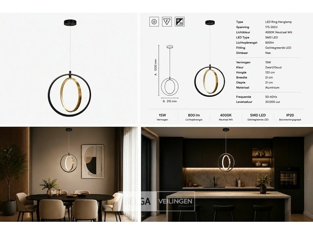 Led ring hanglamp 15w – 4000k neutraal wit - zwart/goud – ip20 – daxton-15 - afbeelding 6 van  6