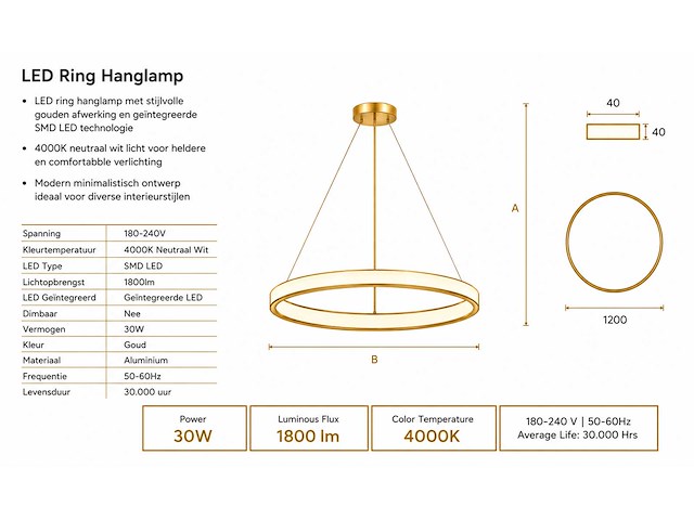 Led ring hanglamp 30w – 4000k neutraal wit - rose gold – ip20 – essence-30 - afbeelding 4 van  5