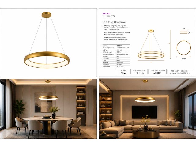 Led ring hanglamp 30w – 4000k neutraal wit - rose gold – ip20 – essence-30 - afbeelding 5 van  5