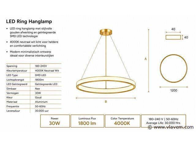 Led ring hanglamp 30w – 4000k neutraal wit - rose gold – ip20 – essence-30 - afbeelding 4 van  5