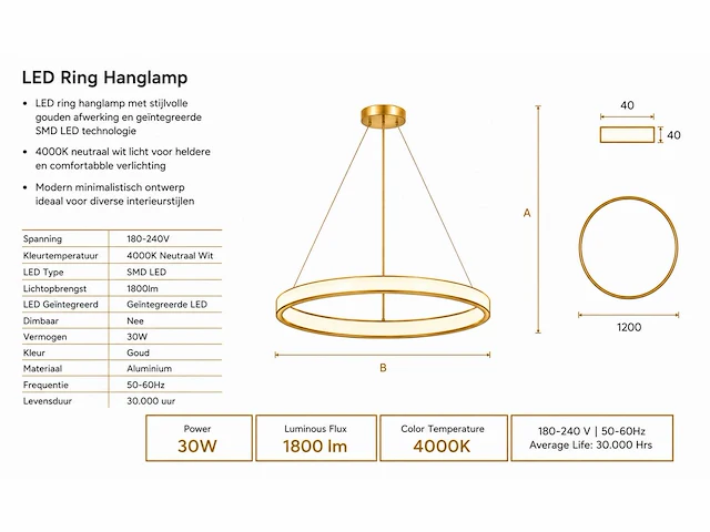 Led ring hanglamp 30w – 4000k neutraal wit - rose gold – ip20 – essence-30 - afbeelding 3 van  5
