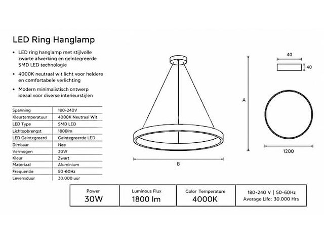 Led ring hanglamp 30w – 4000k neutraal wit - zwart – ip20 – essence-30 - afbeelding 1 van  5