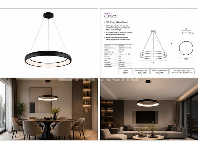 Led ring hanglamp 30w – 4000k neutraal wit - zwart – ip20 – essence-30 - afbeelding 5 van  5