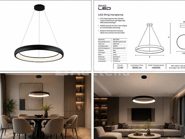 Led ring hanglamp 30w – 4000k neutraal wit - zwart – ip20 – essence-30 - afbeelding 1 van  5