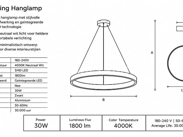 Led ring hanglamp 30w – 4000k neutraal wit - zwart – ip20 – essence-30 - afbeelding 5 van  5
