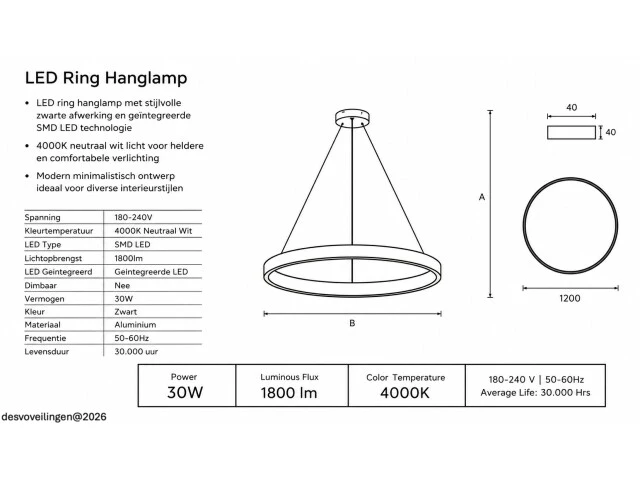 Led ring hanglamp 30w – 4000k neutraal wit - zwart – ip20 – essence-30 - afbeelding 5 van  6