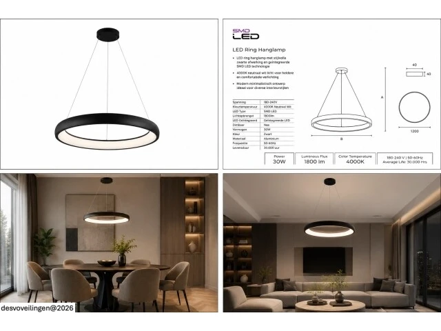 Led ring hanglamp 30w – 4000k neutraal wit - zwart – ip20 – essence-30 - afbeelding 6 van  6