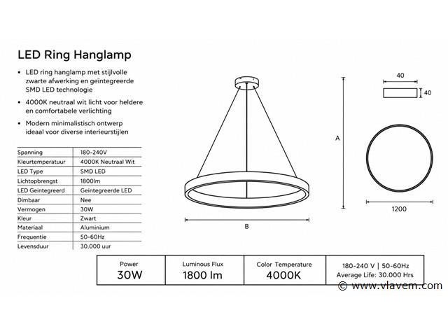 Led ring hanglamp 30w – 4000k neutraal wit - zwart – ip20 – essence-30 - afbeelding 4 van  5
