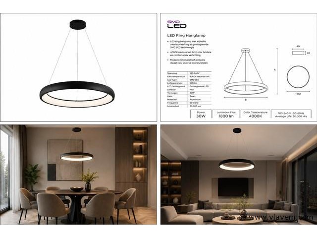 Led ring hanglamp 30w – 4000k neutraal wit - zwart – ip20 – essence-30 - afbeelding 5 van  5
