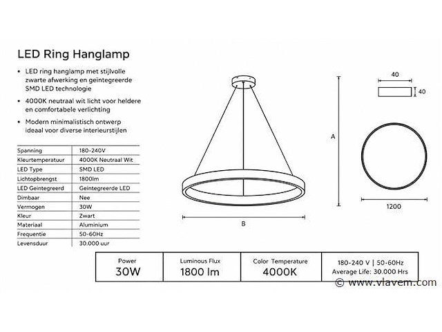 Led ring hanglamp 30w – 4000k neutraal wit - zwart – ip20 – essence-30 - afbeelding 4 van  5