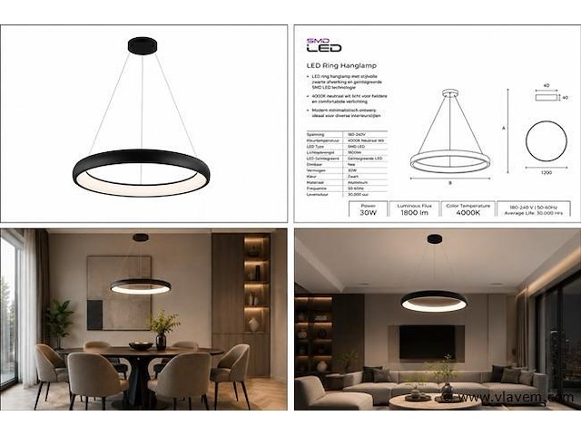 Led ring hanglamp 30w – 4000k neutraal wit - zwart – ip20 – essence-30 - afbeelding 5 van  5