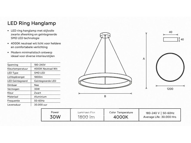 Led ring hanglamp 30w – 4000k neutraal wit - zwart – ip20 – essence-30 - afbeelding 5 van  6
