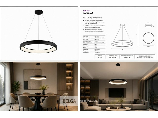 Led ring hanglamp 30w – 4000k neutraal wit - zwart – ip20 – essence-30 - afbeelding 6 van  6