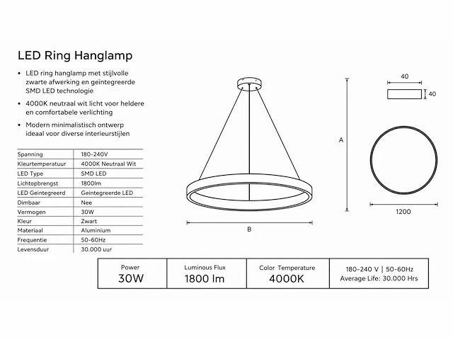 Led ring hanglamp 30w – 4000k neutraal wit - zwart – ip20 – essence-30 - afbeelding 4 van  5