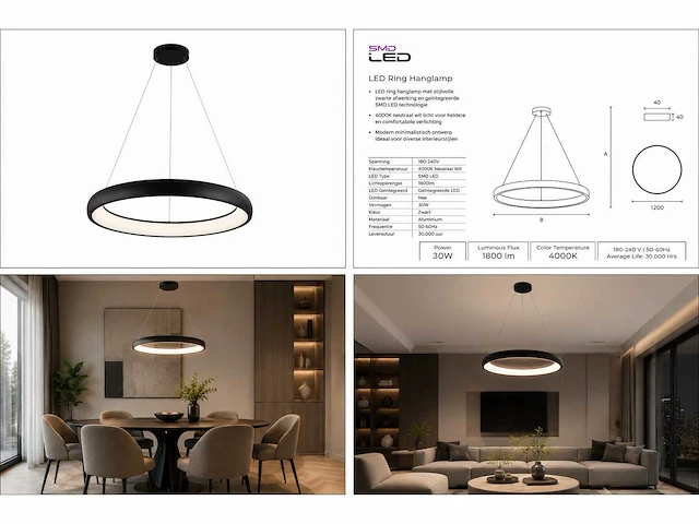Led ring hanglamp 30w – 4000k neutraal wit - zwart – ip20 – essence-30 - afbeelding 5 van  5