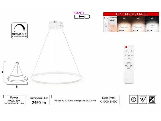 Led ring hanglamp 35w – 3cct dimbaar - wit – ip20 – harvey-35 3cct - afbeelding 4 van  5