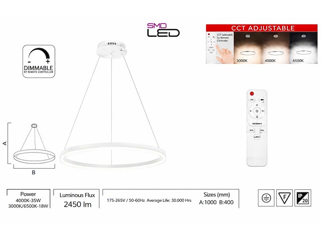 Led ring hanglamp 35w – 3cct dimbaar - wit – ip20 – harvey-35 3cct - afbeelding 3 van  4