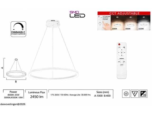 Led ring hanglamp 35w – 3cct dimbaar - wit – ip20 – harvey-35 3cct - afbeelding 5 van  6