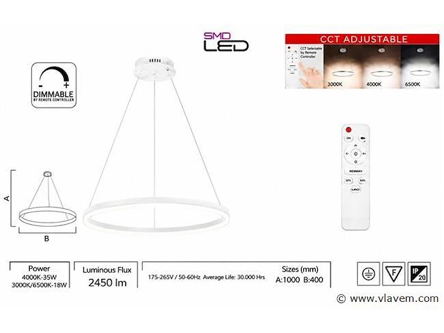 Led ring hanglamp 35w – 3cct dimbaar - wit – ip20 – harvey-35 3cct - afbeelding 4 van  5