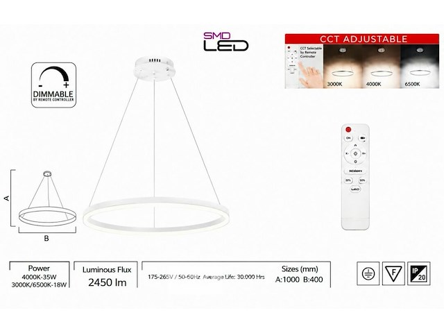 Led ring hanglamp 35w – 3cct dimbaar - wit – ip20 – harvey-35 3cct - afbeelding 5 van  6