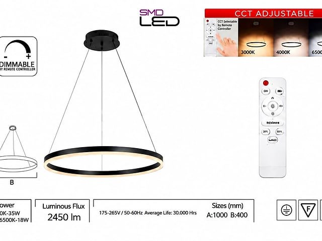 Led ring hanglamp 35w – 3cct dimbaar - zwart – ip20 – harvey-35 3cct - afbeelding 3 van  5
