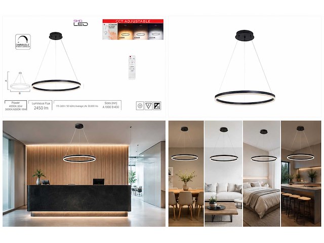 Led ring hanglamp 35w – 3cct dimbaar - zwart – ip20 – harvey-35 3cct - afbeelding 4 van  5
