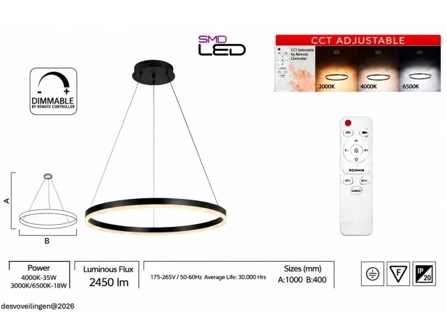 Led ring hanglamp 35w – 3cct dimbaar - zwart – ip20 – harvey-35 3cct - afbeelding 5 van  6