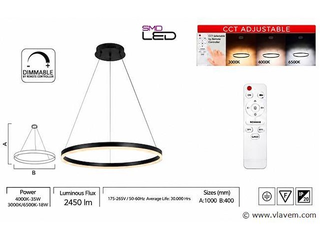 Led ring hanglamp 35w – 3cct dimbaar - zwart – ip20 – harvey-35 3cct - afbeelding 4 van  5