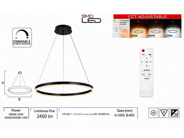 Led ring hanglamp 35w – 3cct dimbaar - zwart – ip20 – harvey-35 3cct - afbeelding 5 van  6