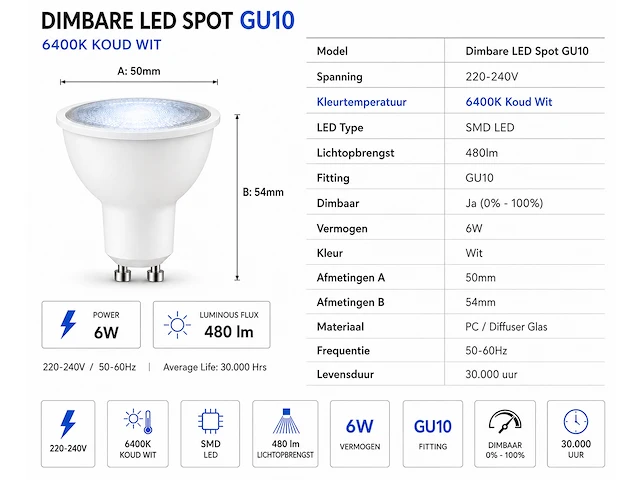 Led verlichting (venus) – 6w – 6400k koud wit – ip20 – ip20 (50 stuks) - afbeelding 4 van  4
