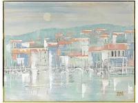 Lee reynolds - havenstad in avondlicht - olie op doek - 120x150 cm