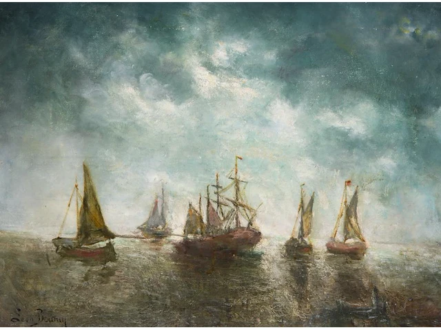 Léon de meuter brunin (1861-1949), marine, oil on canvas, 35.5 x 45.5 cm. (13.98 x 17.91 in.), frame: 51 x 62 cm. (20.07 x 24.41 in.) - afbeelding 1 van  5