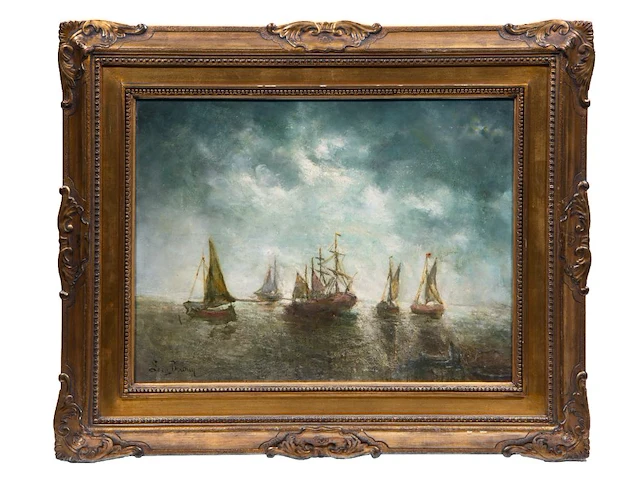 Léon de meuter brunin (1861-1949), marine, oil on canvas, 35.5 x 45.5 cm. (13.98 x 17.91 in.), frame: 51 x 62 cm. (20.07 x 24.41 in.) - afbeelding 2 van  5