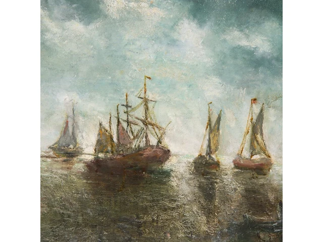 Léon de meuter brunin (1861-1949), marine, oil on canvas, 35.5 x 45.5 cm. (13.98 x 17.91 in.), frame: 51 x 62 cm. (20.07 x 24.41 in.) - afbeelding 5 van  5