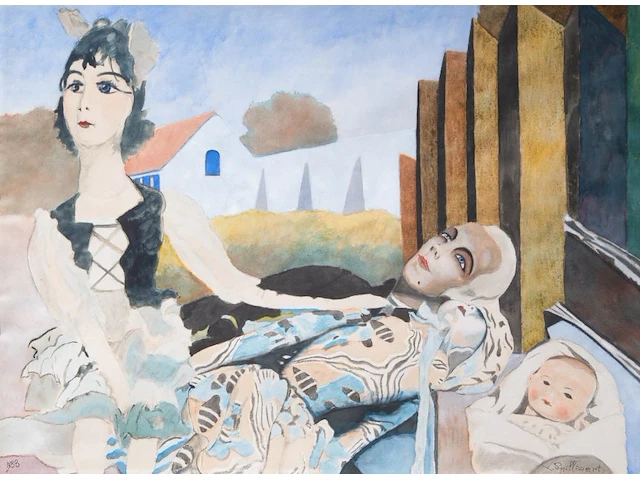 Léon spilliaert (1881-1946), 'poupées devant une ferme blanche', 1933, pencil, watercolour and gouache on paper 49.6 x 66.7 cm. (19.53 x 26.26 in.), frame: 71.5 x 89 cm. (28.14 x 35.03 in.) - afbeelding 1 van  7